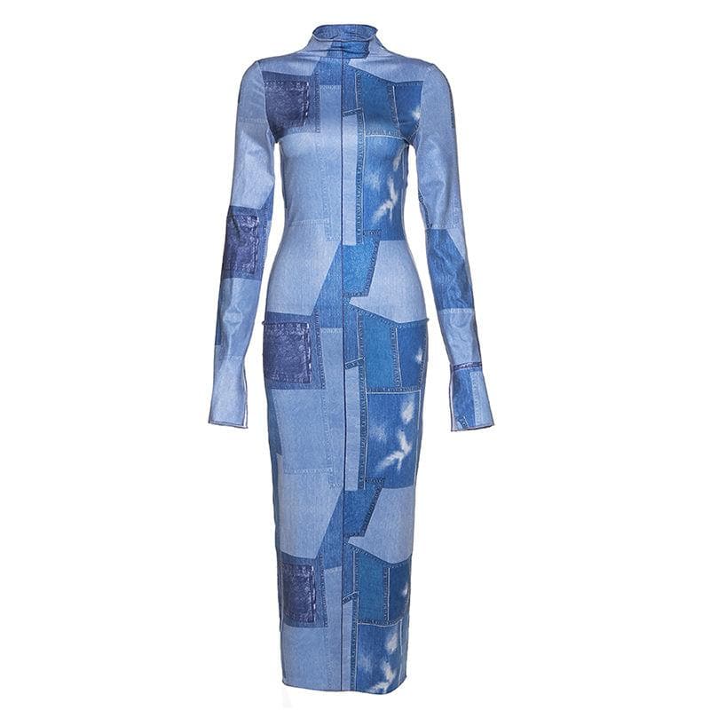 Denim print long sleeve high neck stitch contrast slit maxi dress