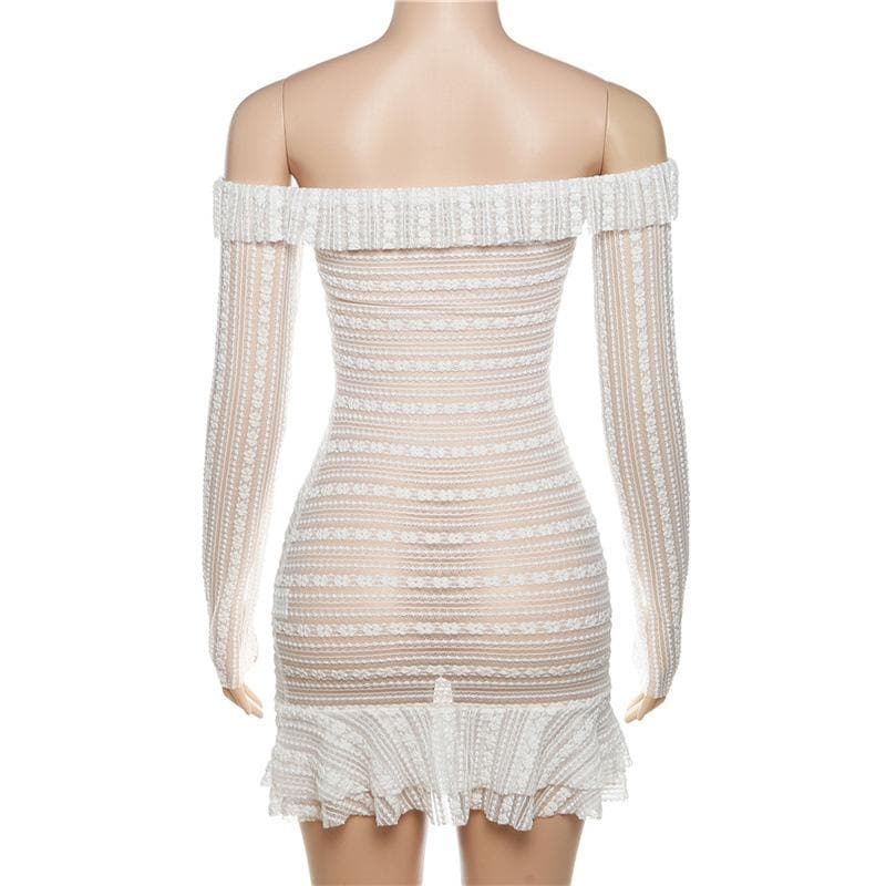 Lace see through off shoulder ruffle long sleeve solid mini dress 4