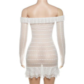 Lace see through off shoulder ruffle long sleeve solid mini dress 4
