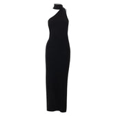 One shoulder backless slit solid halter beaded maxi dress