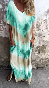 Tie Dye V-Neck Short Sleeve Pocket Maxi Dress 11