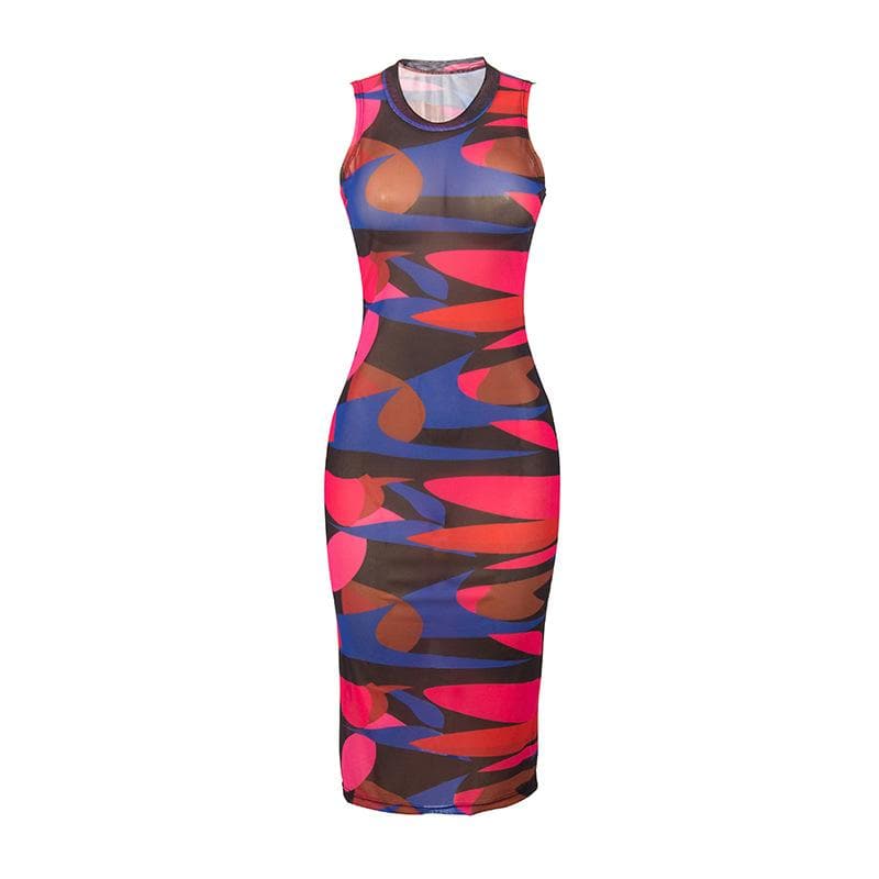 Abstract Print Sheer Mesh Sleeveless Crew Neck Bodycon Midi Dress
