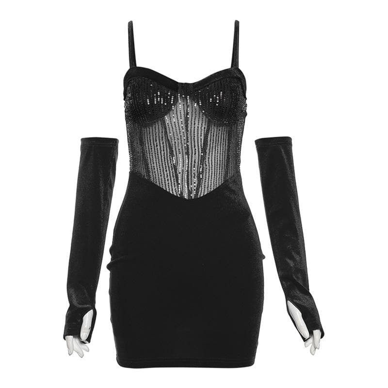 Sweetheart neck gloves velvet glitter mesh patchwork cami dress 10