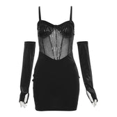 Sweetheart neck gloves velvet glitter mesh patchwork cami dress 10