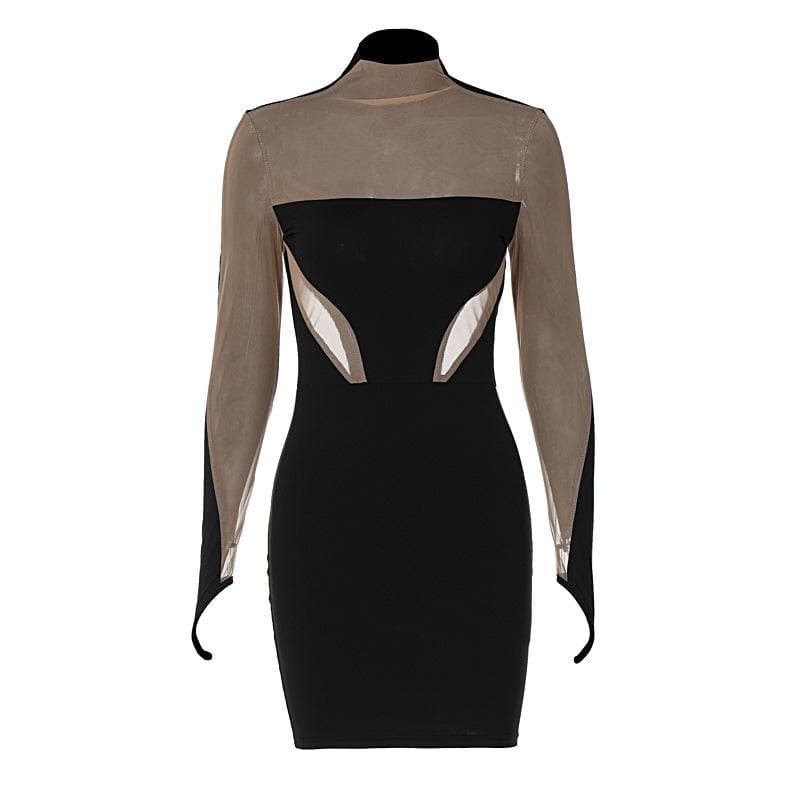 Mesh patchwork contrast gloves high neck mini dress 2