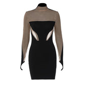 Mesh patchwork contrast gloves high neck mini dress 2