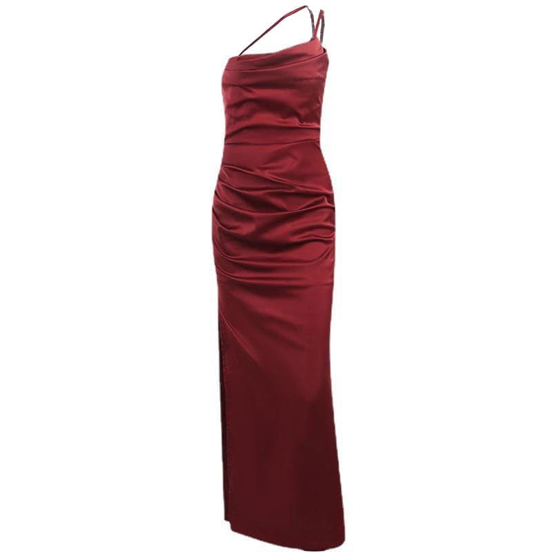 Satin One Shoulder Cowl Neck Ruched High Split Maxi Dress