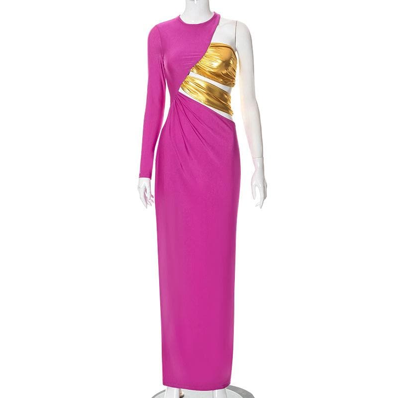 One Shoulder Long Sleeve Metallic Ruched Panel Cut Out Maxi Dress 2