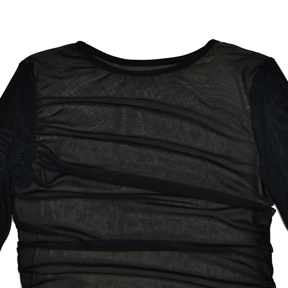 Mesh long sleeve solid ruched crewneck mini dress 8