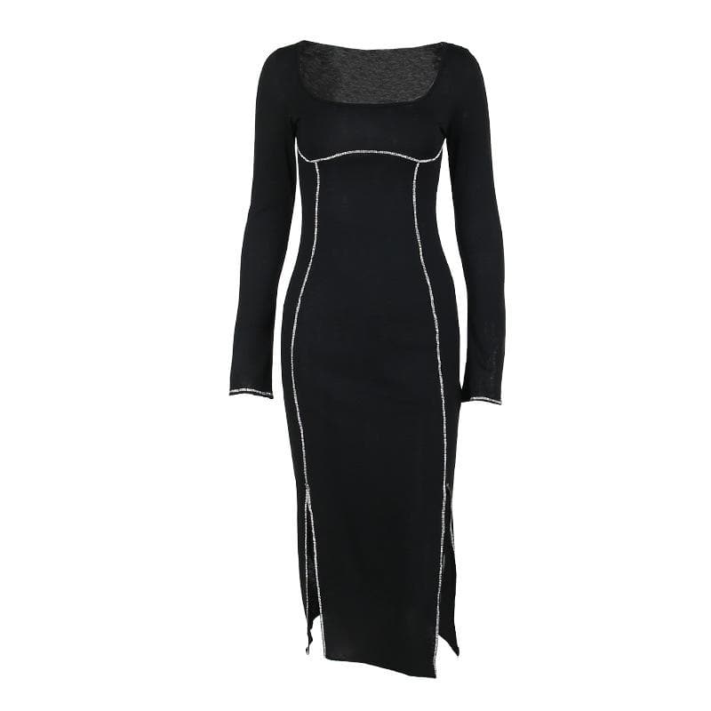 Beaded square neck slit long sleeve midi dress 2