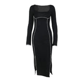 Beaded square neck slit long sleeve midi dress 2