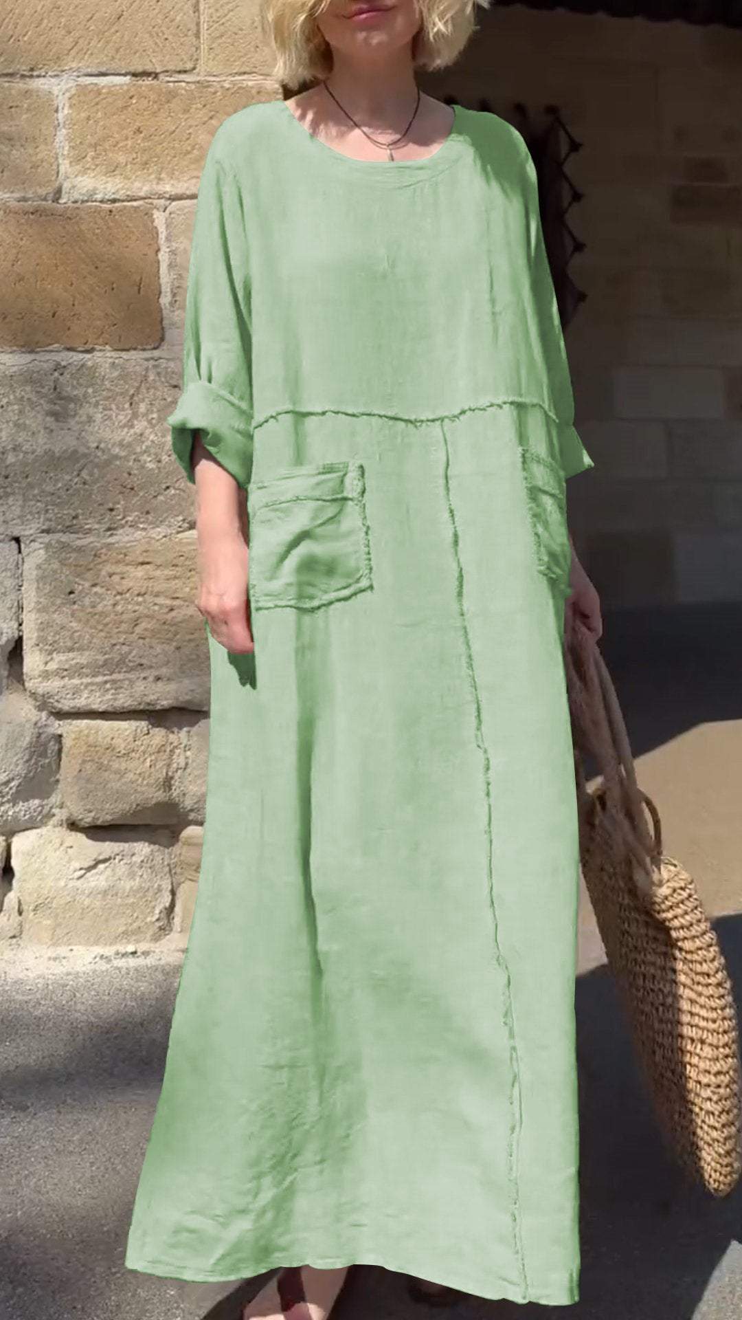 Linen Round Neck Long Sleeve Pocket Maxi Dress 6
