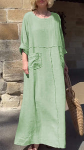 Linen Round Neck Long Sleeve Pocket Maxi Dress 6