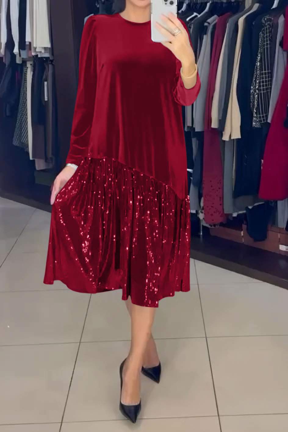 Round Neck Long Sleeve Velvet Sequin Ruffle Midi Dress