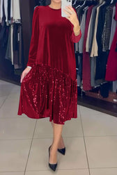 Round Neck Long Sleeve Velvet Sequin Ruffle Midi Dress