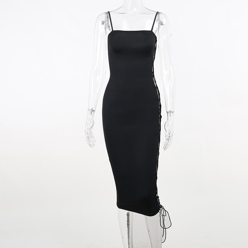 Lace up solid irregular backless square neck midi dress 2