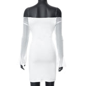 Mesh solid off shoulder long sleeve self tie mini dress 4