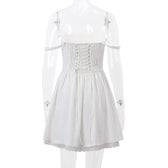 Lace hem lace up ruched backless square neck mini dress 4