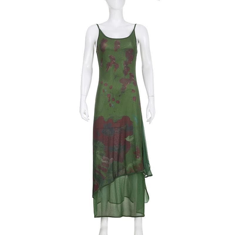 Floral Print Mesh Scoop Neck Cami Asymmetric Hem Maxi Dress 8