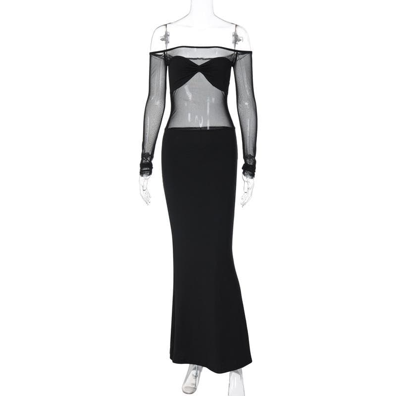 Ruched mesh patchwork off shoulder long sleeve slit maxi dress 2