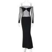 Ruched mesh patchwork off shoulder long sleeve slit maxi dress 2