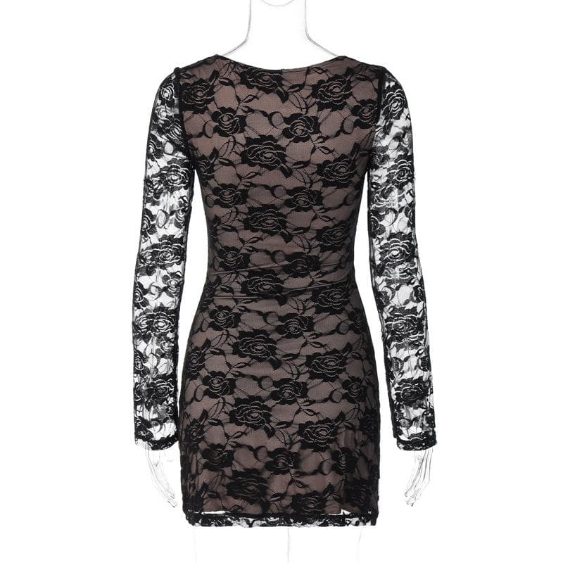 Long sleeve v neck lace contrast patchwork mini dress 4