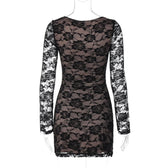 Long sleeve v neck lace contrast patchwork mini dress 4