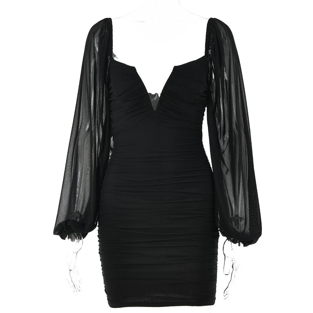 Mesh solid long sleeve ruched notch neck zip-up mini dress 6