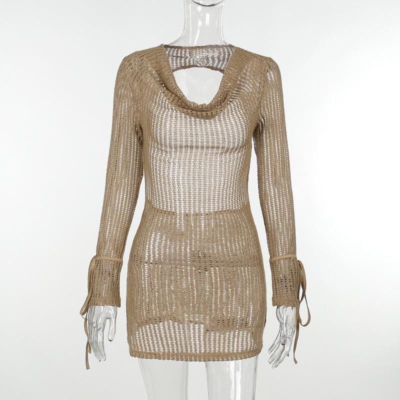 Crochet see through cowl neck long sleeve hollow out mini dress 2