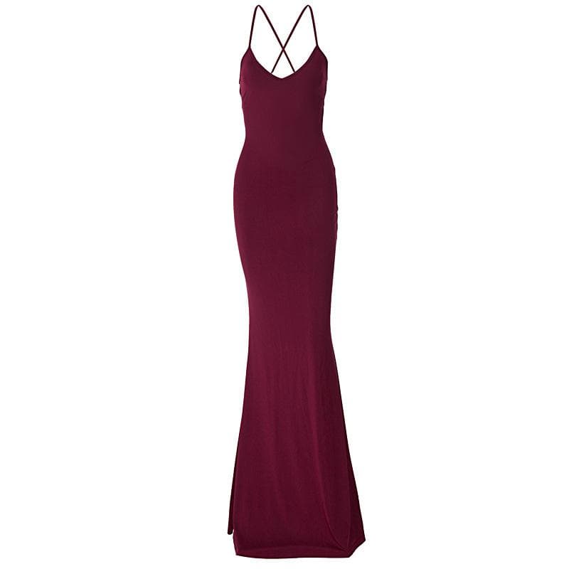 V-Neck Spaghetti Strap Cross Back Mermaid Maxi Dress