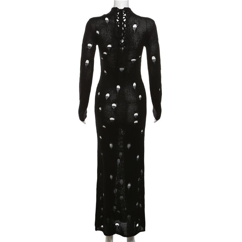Crochet solid long sleeve high neck lace up maxi dress 3