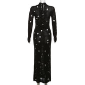 Crochet solid long sleeve high neck lace up maxi dress 3