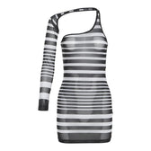 Irregular sheer mesh see through one shoulder striped mini dress 2
