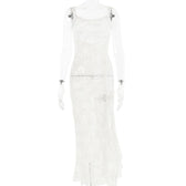 Lace see through self tie solid backless slit maxi dress 5