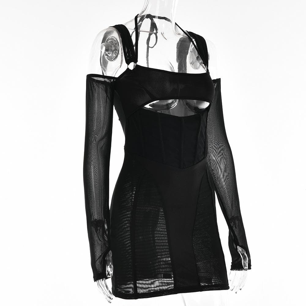 Gloves mesh corset off shoulder hollow out long sleeve halter mini dress