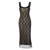 Lace hem contrast sleeveless low cut backless midi dress 2