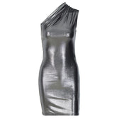 Metallic one shoulder ruched sleeveless irregular mini dress 2
