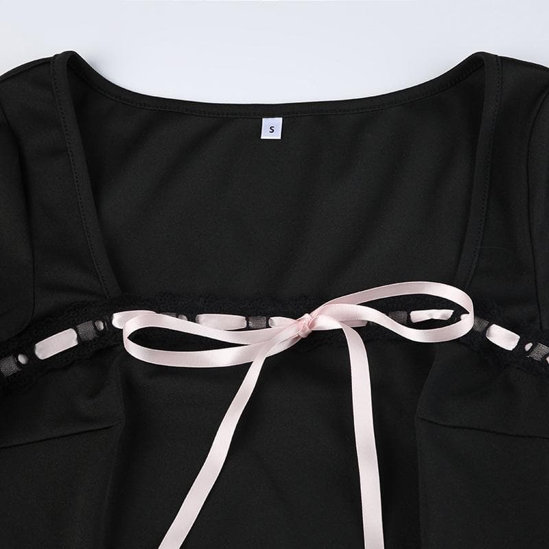 Lace hem square neck contrast long sleeve pleated mini dress 5
