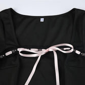 Lace hem square neck contrast long sleeve pleated mini dress 5