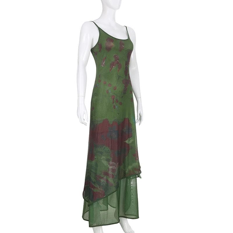 Floral Print Mesh Scoop Neck Cami Asymmetric Hem Maxi Dress 3