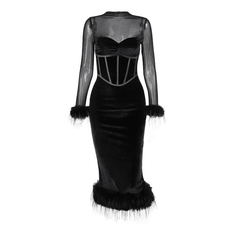 Velvet Sheer Mesh Long Sleeve Corset Feather Trim Midi Dress