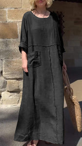 Linen Round Neck Long Sleeve Pocket Maxi Dress 8