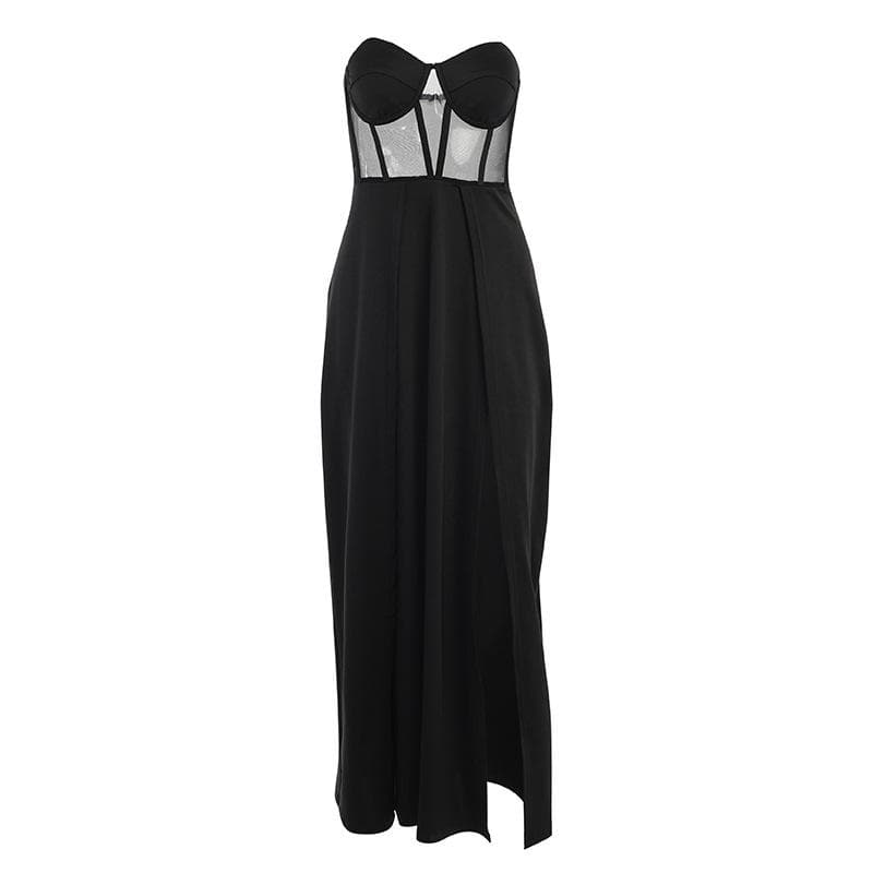Mesh heart neck high slit pleated tube maxi dress 8