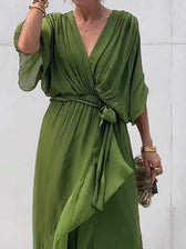 Chiffon Deep V-Neck Batwing Wrap Midi Dress 2