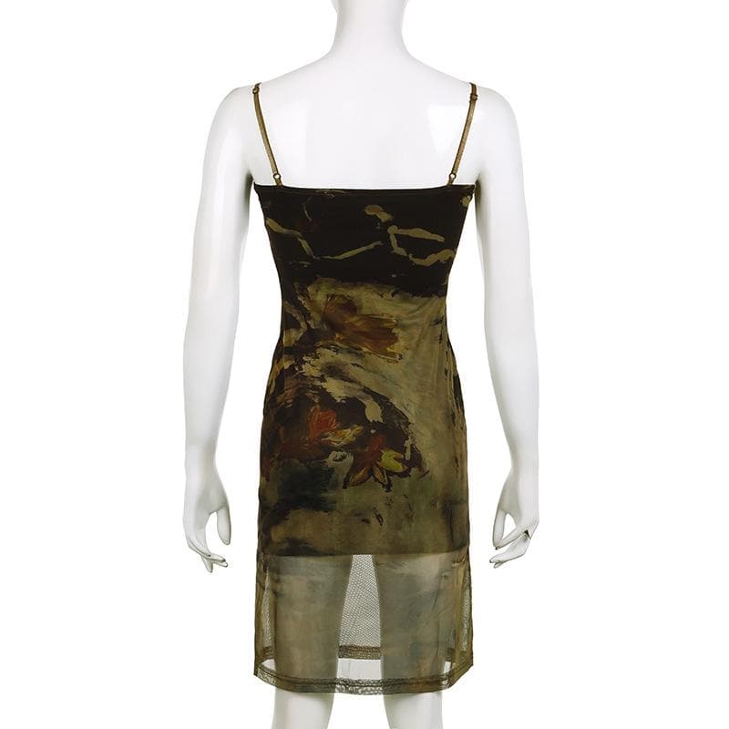 Mesh abstract print square neck contrast cami midi dress 4