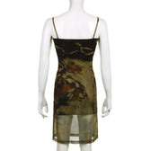 Mesh abstract print square neck contrast cami midi dress 4