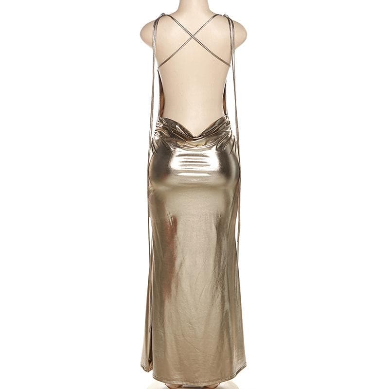 Metallic cowl neck cross back self tie ruched maxi dress 3