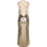 Metallic cowl neck cross back self tie ruched maxi dress 3