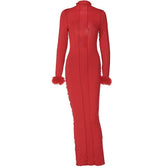 Long sleeve solid feather ruffle high neck backless midi dress 2