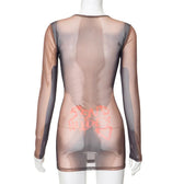 Long sleeve body print sheer mesh crewneck mini dress 3